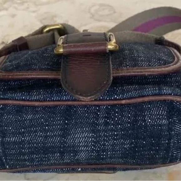 Fossil Mini Dark Wash Denim Crossbody Bag w/ Brown Leather Trim & Brass Details - Picture 5 of 8